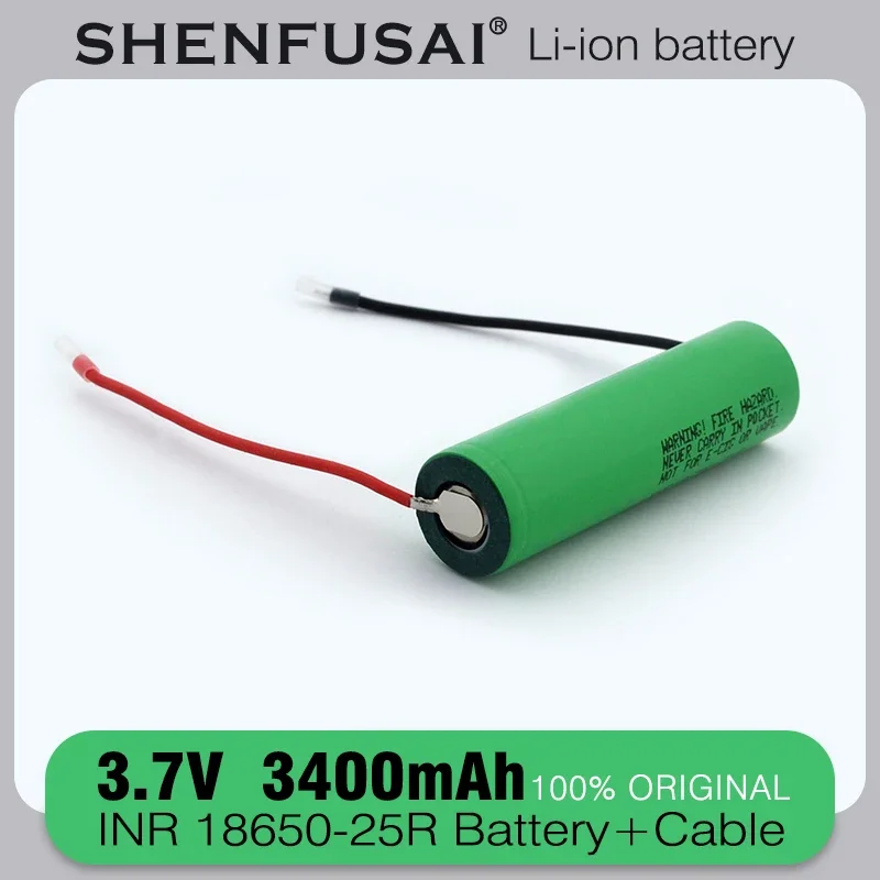 Nova bateria recarregável de íon de lítio 18650 25R 3.7V 3400mAh descarga 25A fio de silicone DIY de alta corrente