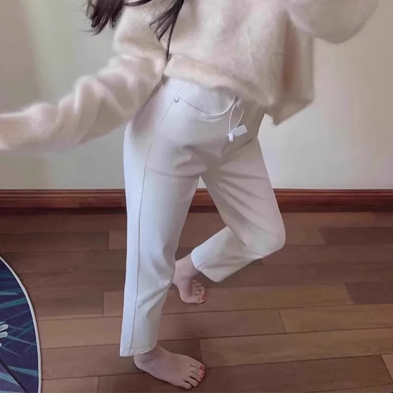 جينز أبيض بخصر عالٍ وساق مستقيمة للنساء، ضيق ومرن، طول ثلاثة أرباع، 45 سم، أنبوبي مدخن، صيفي عادي، قطن مطاطي #4