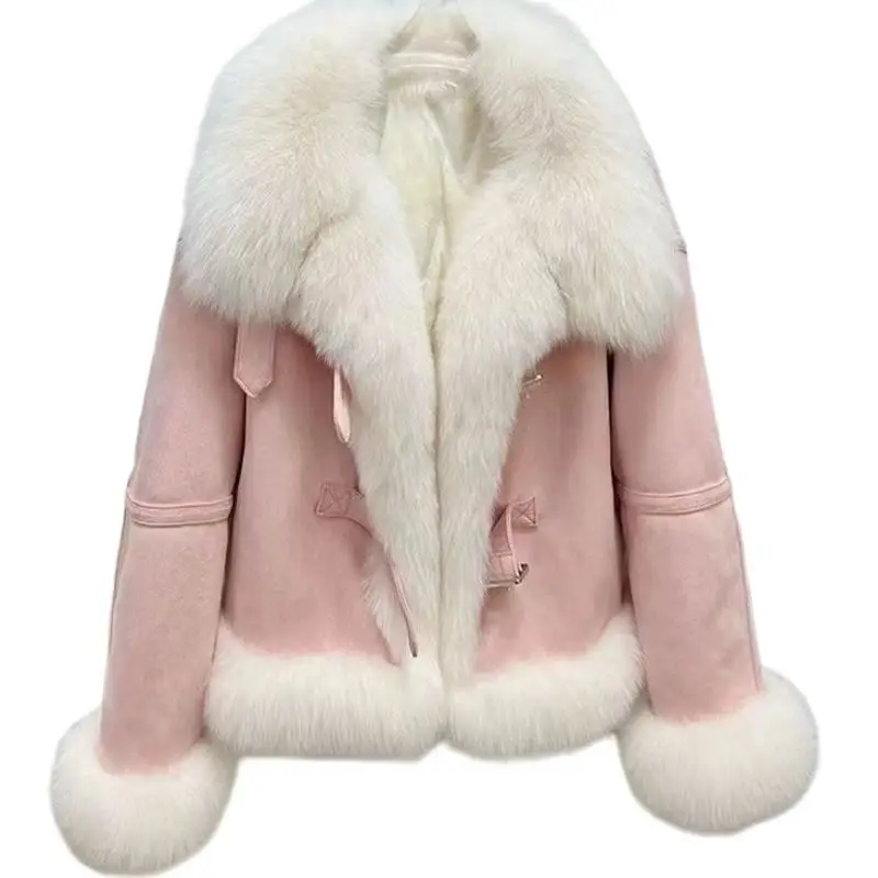 Cappotti in vera pelle di pecora per donna, giacca con collo in pelliccia di volpe, soprabito stile Preppy, vestiti femminili, alta qualità, inverno, nuovo