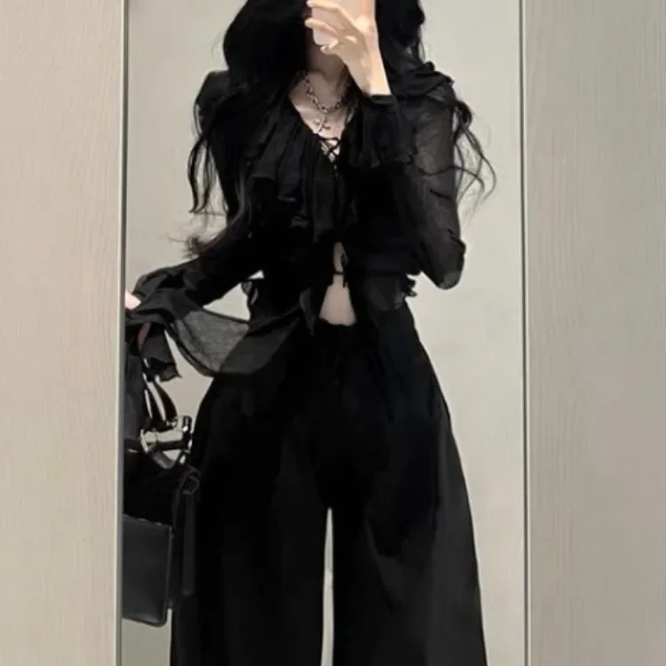 Fashion V-neck Ruffles Black Long Sleeve Cardigan Mujer+ Y2k High Waist Loose Wide Leg Pants 2024 Summer New Two Piece Sets