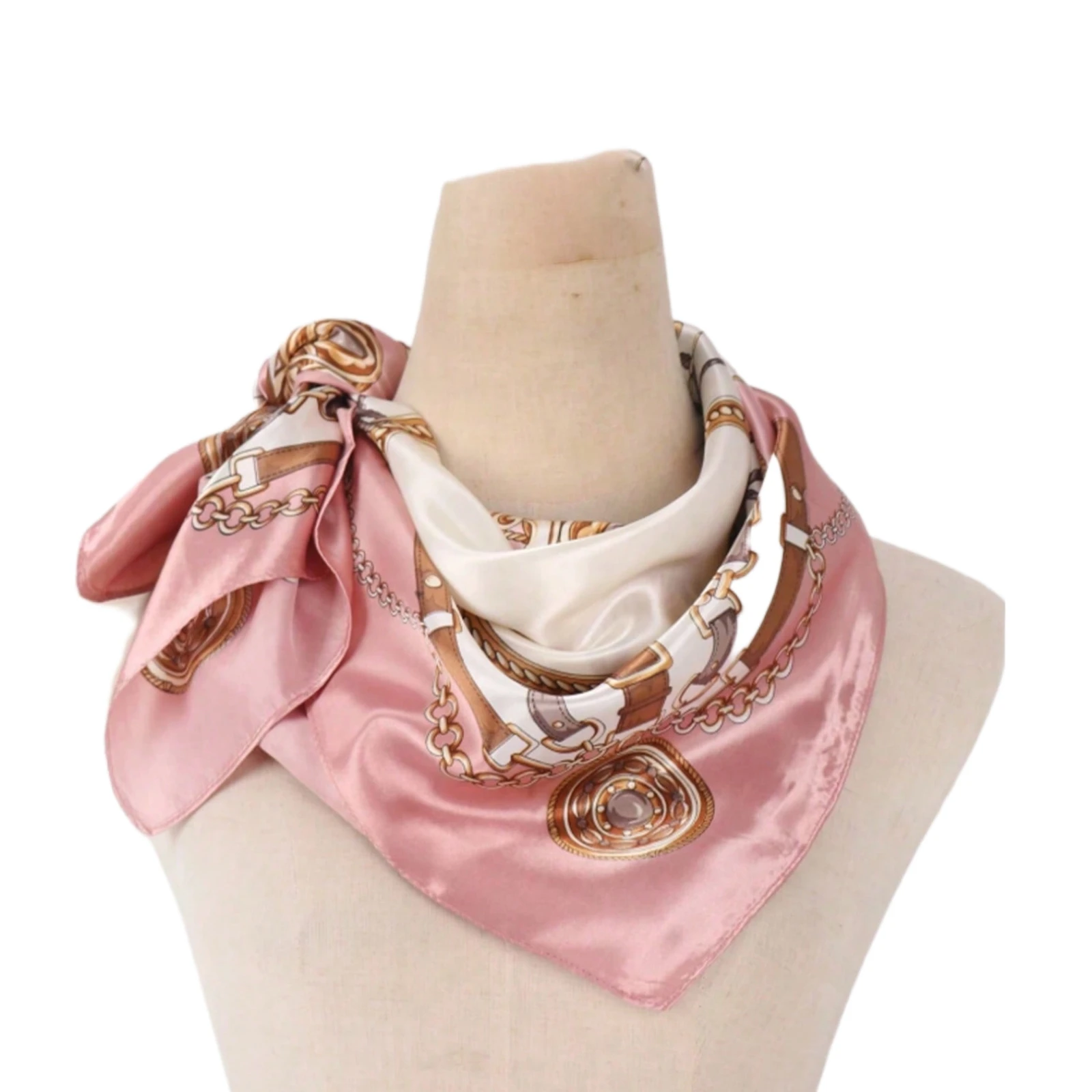 وشاح حريري وردي، غلاف للشعر بنمط سلسلة عتيقة، وشاح رأس أنيق من الساتان، وشاح شعر مربع كبير للنساء، شعر أنيق #6