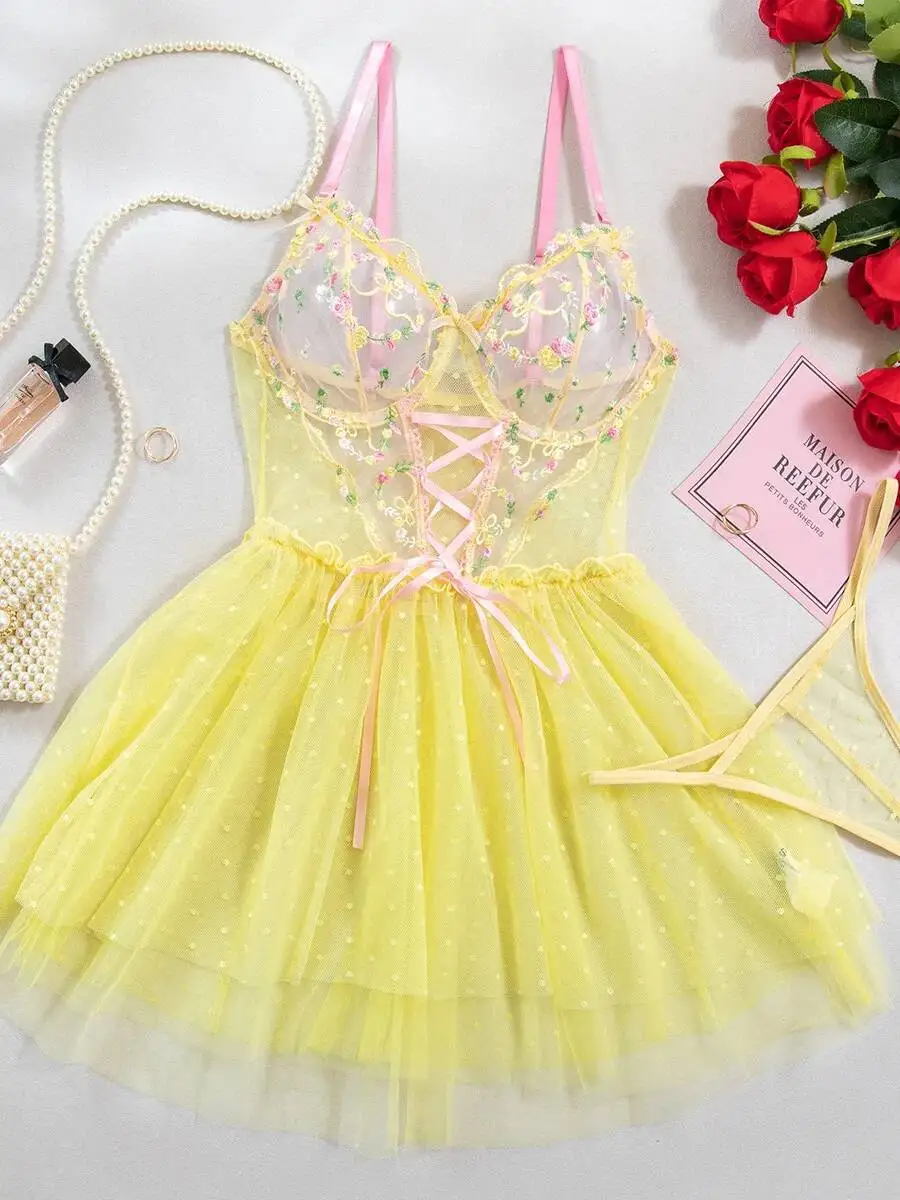 Yellow Floral Embroidery Polka Dot Mesh Dress Hem Sheer Sexy Strap Dress For Women Transparent Dress Charming Pure Desire DJOC