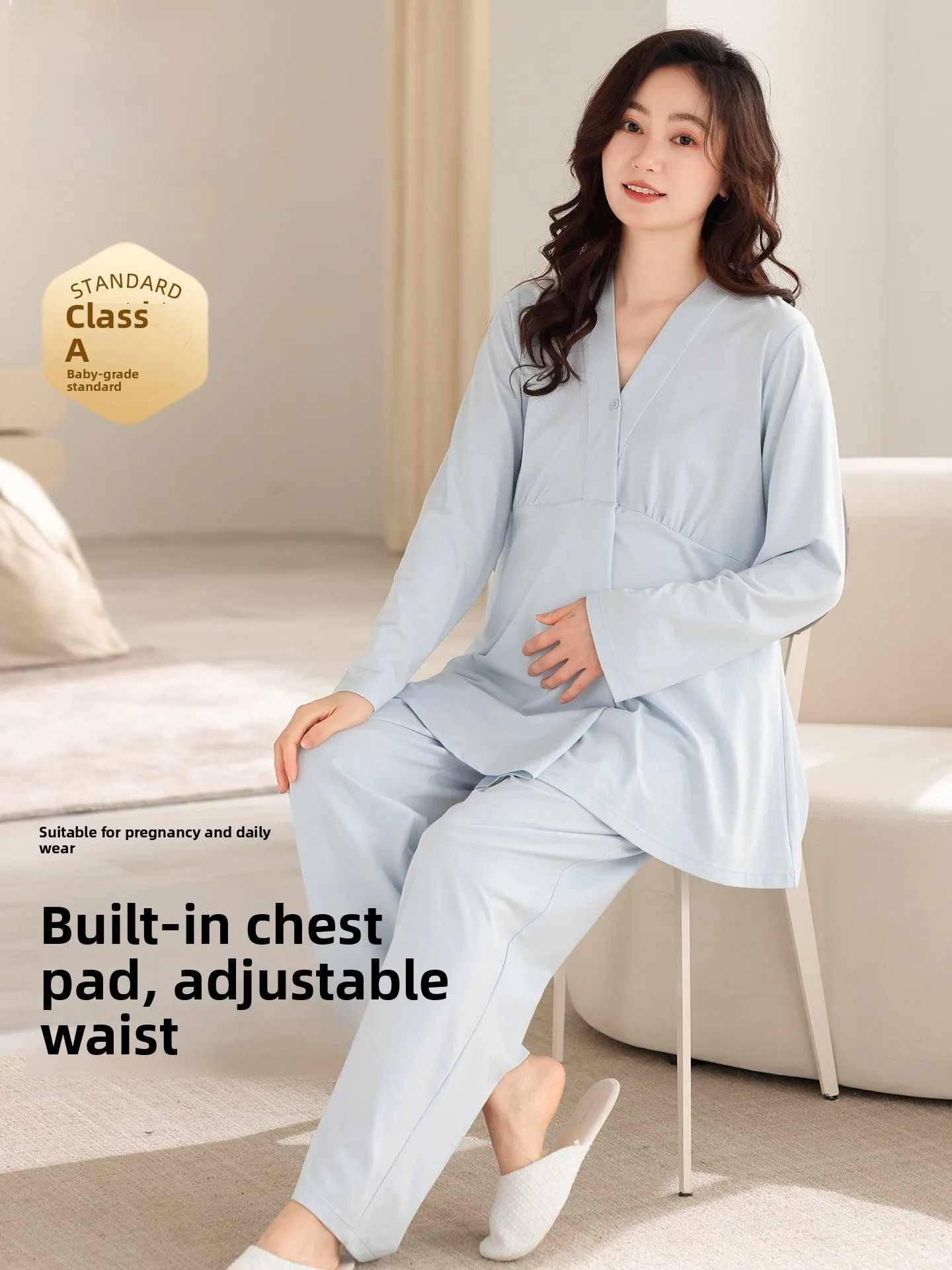 pure-cotton-long-sleeve-maternity-sleepwear-postpartum-nursing-home-clothes-set-with-chest-pad-leisure-style-for-spring-autumn