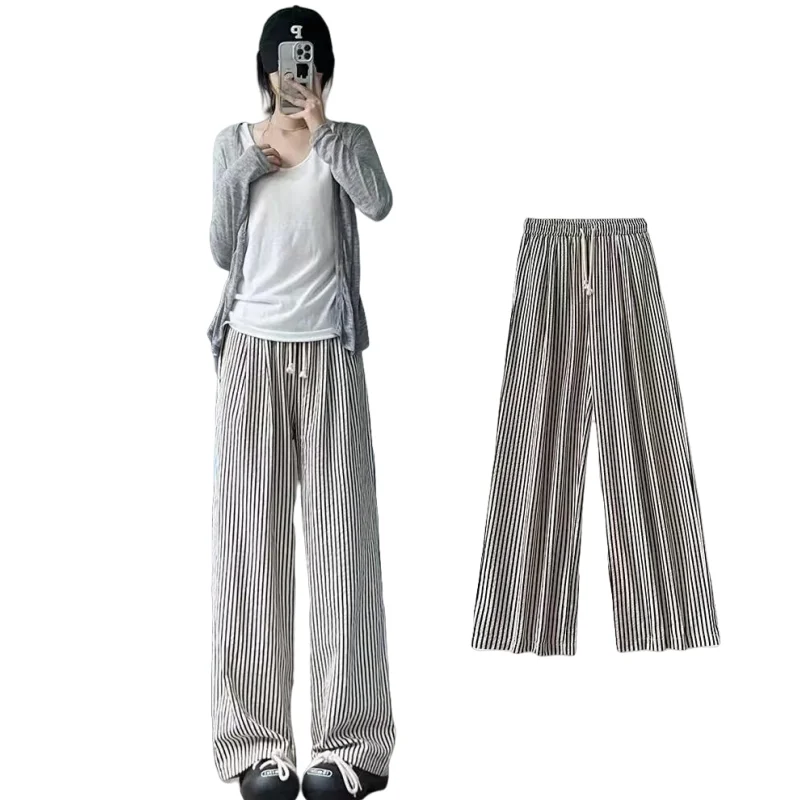 Pantaloni dimagranti a vita alta a gamba larga Pantaloni estivi sottili da donna BF Sle Pantaloni casual Strisce verticali Allentati Lazy Sle Drapey