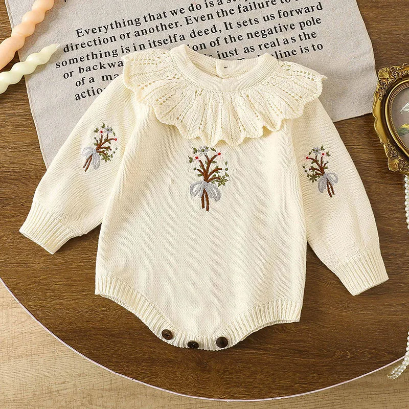 

Baby Boy Clothes Jumpsuits Spring Knitted Jumpsuit with Ruffle Collar Long Sleeve Girl Embroidered Bottom Romper Crawling Suit