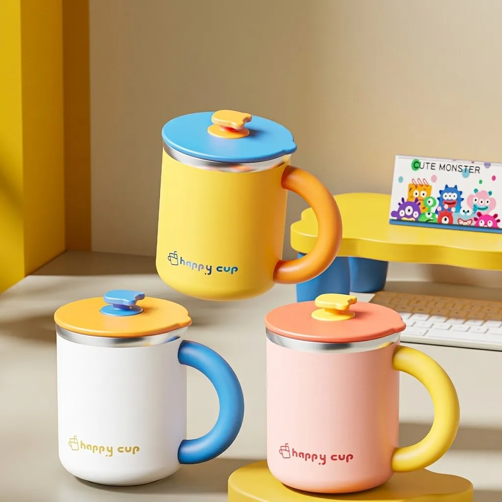Cute 304 Stainless Steel Thermal Mug Double Wall Insulated Coffee Cup With Lid Handle Kids Water Tumbler Milk Thermos Drinkware