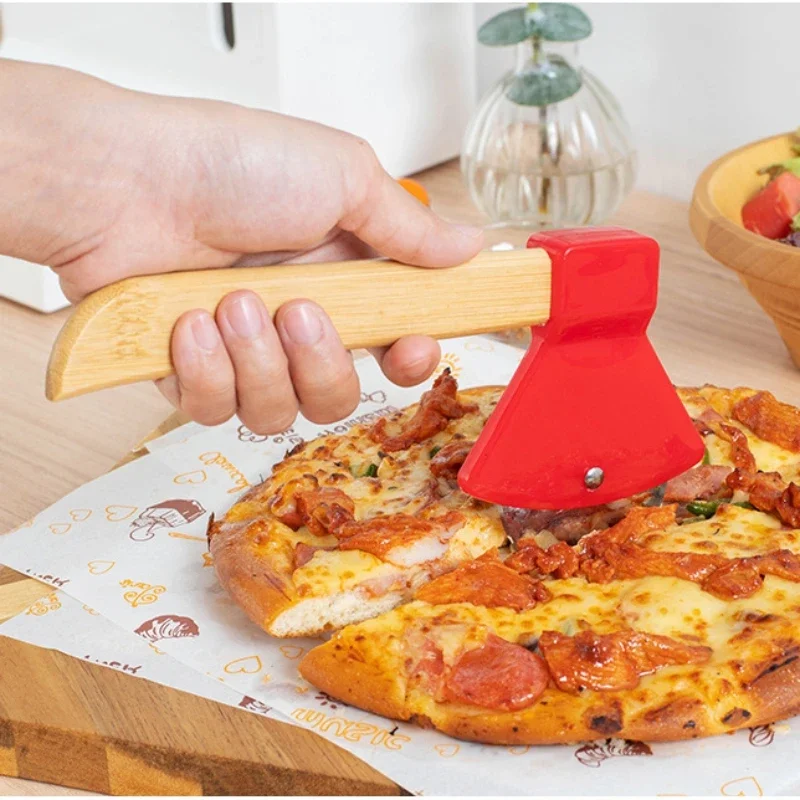 Pizza Stainless Steel Axe Pizza Cutter Wooden Handle Baking Tool Single Wheel Pie Cutter Pizza Cutter Kitchen Accessories