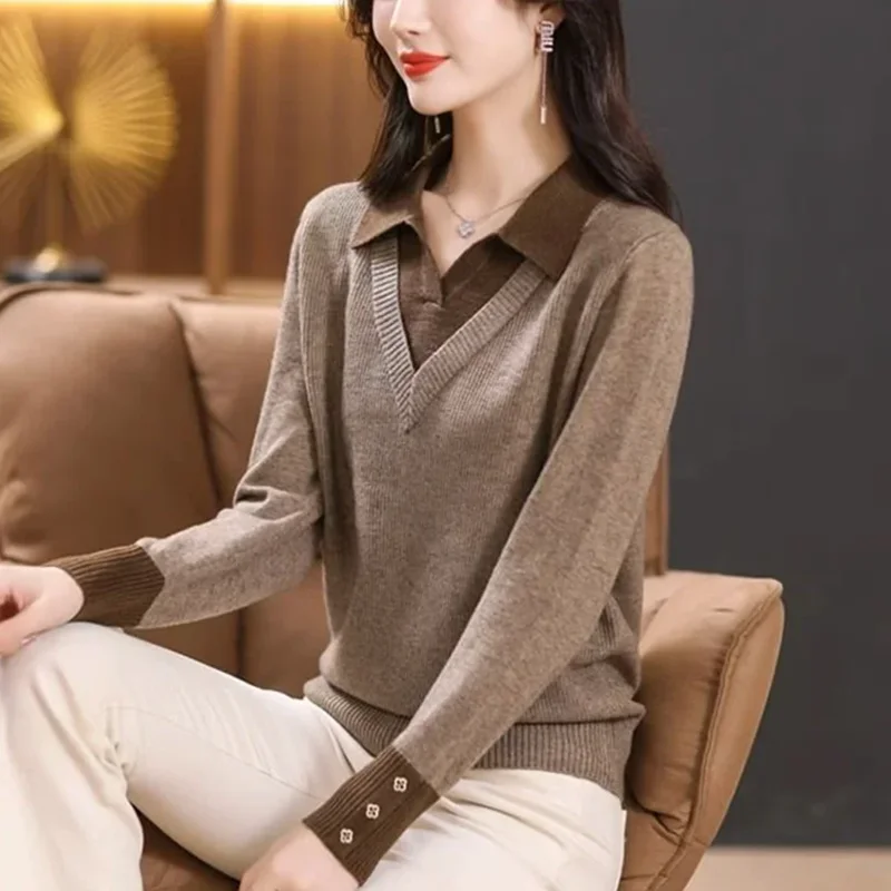2025 Autumn Winter Fake Two Pieces Women Sweater Pullover New Contrast Polo Neck Patchwork Long Sleeve Knit Tops Female Jumper