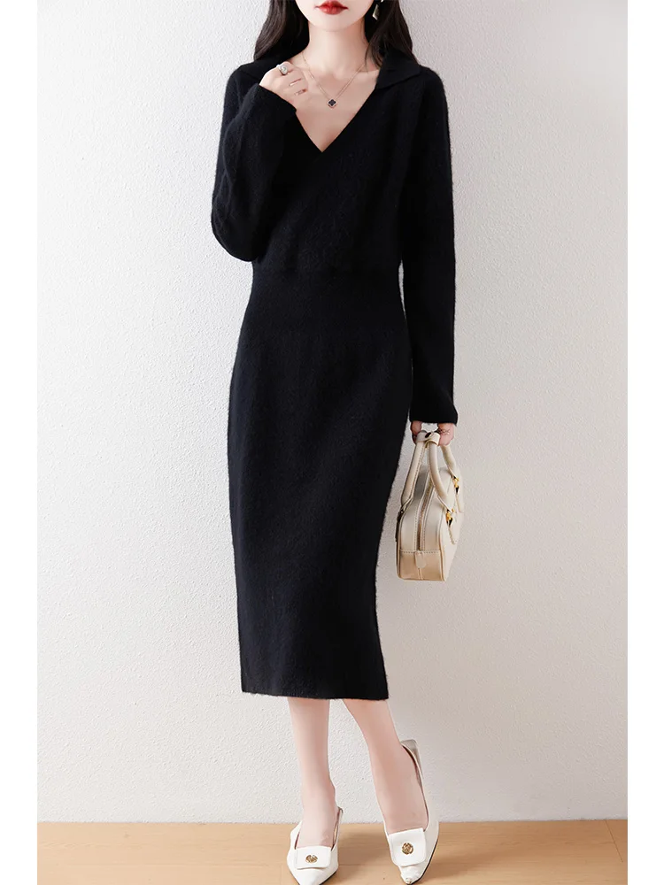 100% Merino Wool Women\'s Knitted Long Dress, Waist, Lapels, Loose, Elegant, Casual, Fashionable, Sweater, 2024 Autumn/Winter