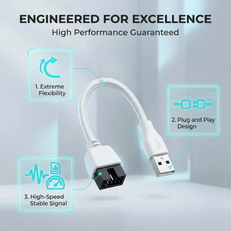 USB A Male to 9 Pin Internal Header Cable, 20cm White Sleeve Wire for PC Case USB Connection, Desktop Header Routing, and H8WD