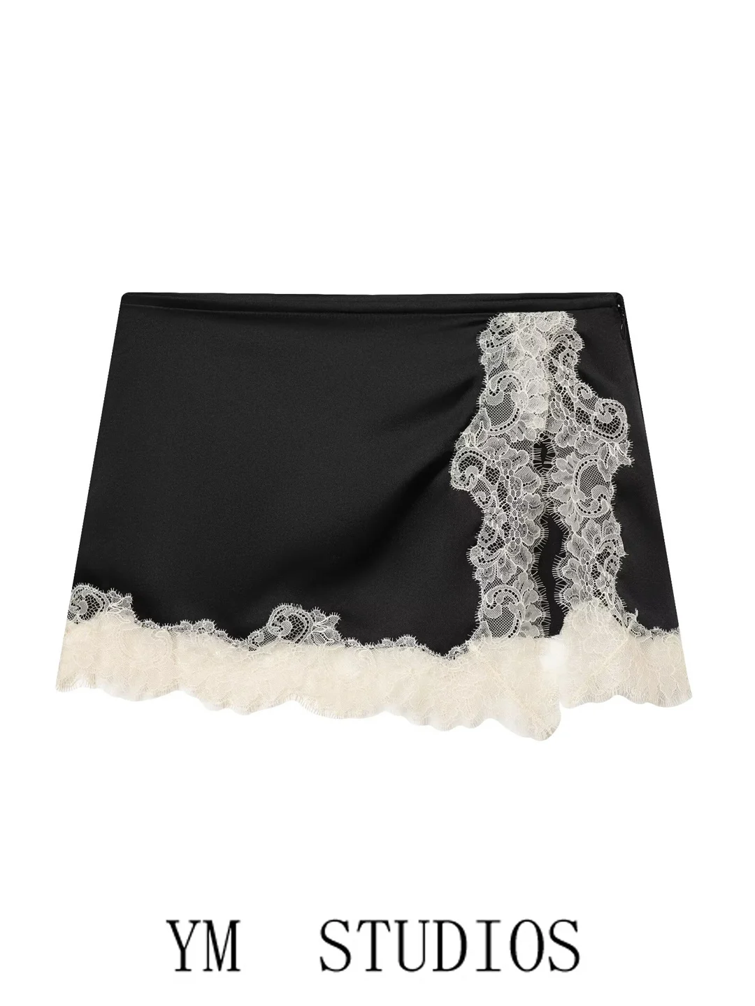 Black Lace Splice Asymmetrical  Skirt Women's Fashion Summer Long Leg Effect Satin A-Line Skirt mid Waist Straight Cut