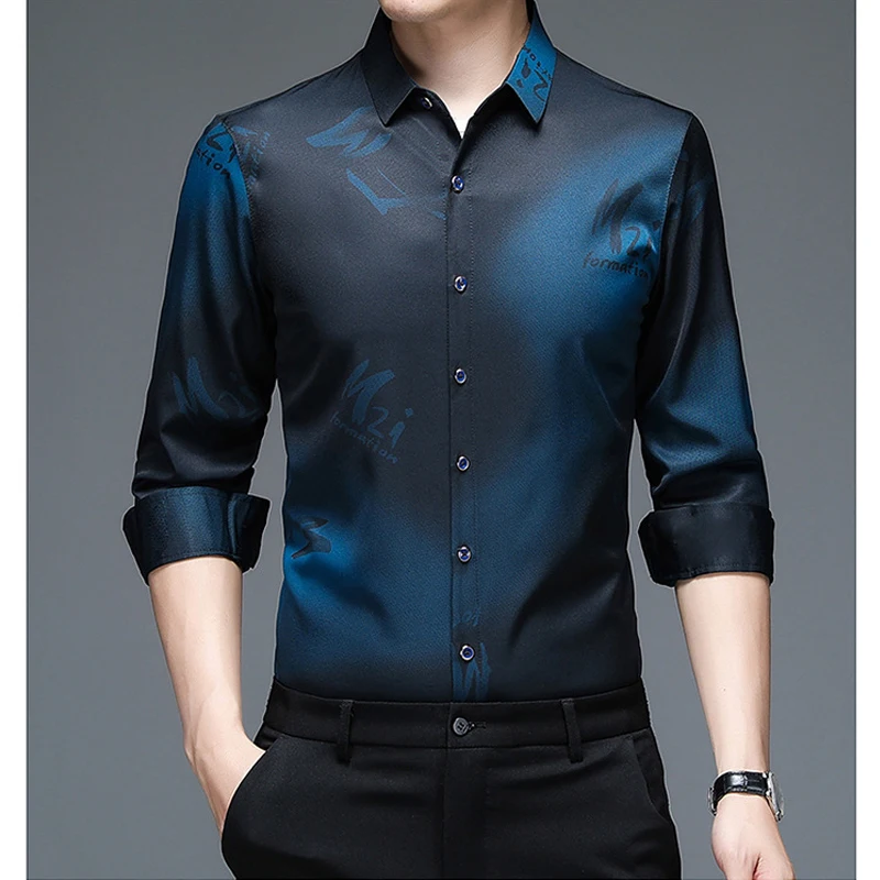 Chemise boutonnée imprimée à manches longues pour hommes, chemises d'affaires décontractées, revers, mode coréenne, haute qualité, bureau en Y, printemps, automne