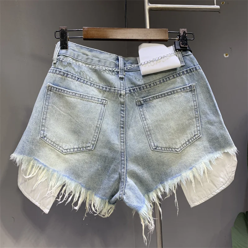 Ripped Denim Shorts Korean Style Female 2024 Summer Patchwork A-line High-waisted Wash Blue Sexy Jeans Street Fashion 4 Color