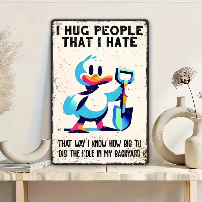 Vintage Distressed Metal Tin Sign, Colorful Cartoon Duck & Shovel Humorous Quote Wall Art - Iron, Retro Design for Home/Bar/Café