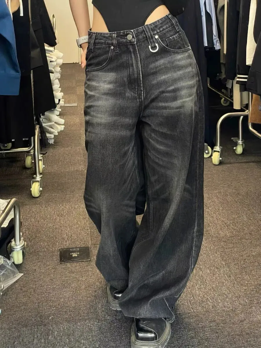 Jeans mit hoher Taille und weitem Bein für Damen, lockeres, schlankmachendes, großes Design, High Street, bodenlange Hose, trendige Bla Denim