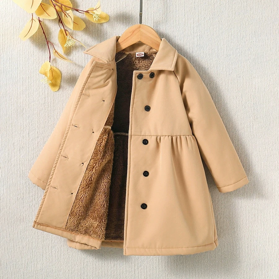 

Elegant Long Sleeve Fleece Girls' Jacket Mid-Length Winter Coat with Button Parkas Fall Winter Outings Baby Girls Outerwear 2-7Y