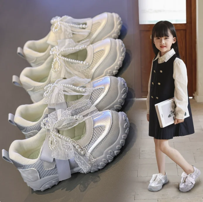 

2026 Summer Kids Sport Sneakers for Girl Pearl Lace Mary Jane Flats Lightweight Non-Slip Back To School Children Running Sandals