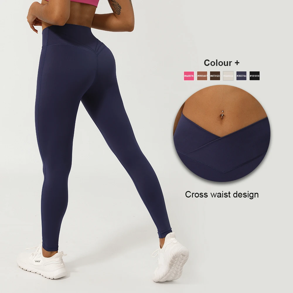 Women Cross Waist Fitness Leggings Solid Color Lifting Buttocks Yoga Tights Without Front Seam Workout Leggings