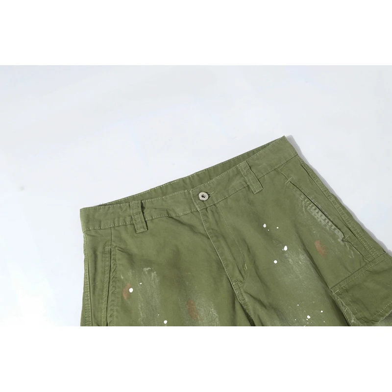 Hip Hop Splashing Ink Graffiti Green Cargo Pants Men Ripped Washed Cargo Trousers Relaxed Fit Straight Wide Leg Baggy Pants Y2k