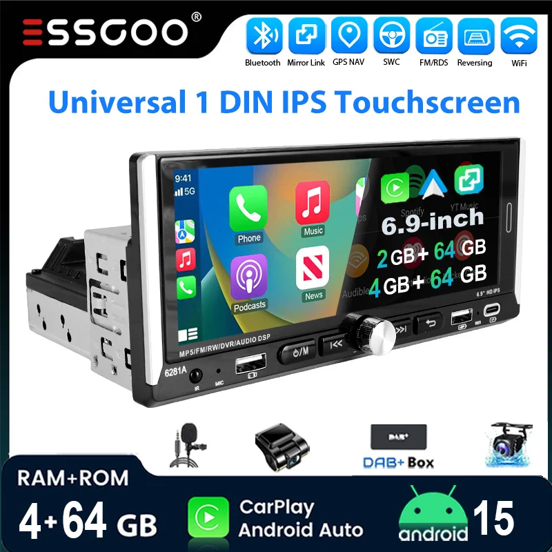 Image of ESSGOO 6,9 "Android 15 4 + 64G Auto Stereo Radio Drahtlose Apple Carplay Bluetooth Android Auto GPS Navi WIFI FM RDS SWC Touchscreen