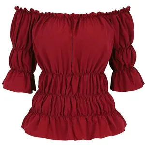 Top Vintage Renaissance Female, Boho -Hemd, aus Schulterhemd, Steampunk -Hemd, mittelalterlicher Cosplay -Fantasie von Piraten, Bauer Fantasy 10 Hauptbauernverkleidungskleidung - №3