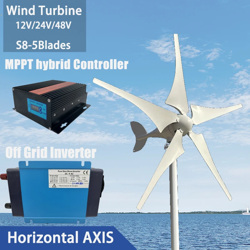 Horizontal Axis Wind Turbine Generator 8000W 6Blades 12v 24v With MPPT Hybrid Charge Controller Low Noise Wind For Camping Use