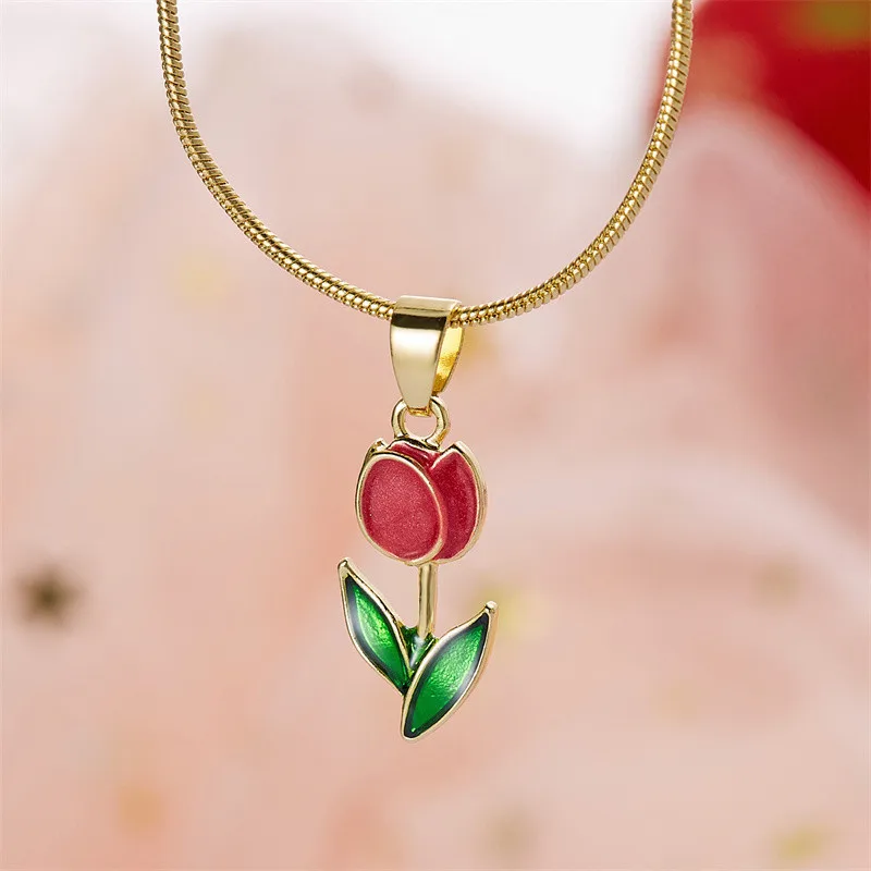 Vintage elegante Emaille-Halskette mit Tulpenblüten-Anhänger für Damen, modische Accessoires für junge Persönlichkeiten, Schlüsselbeinkette, Choker. – Detail 17