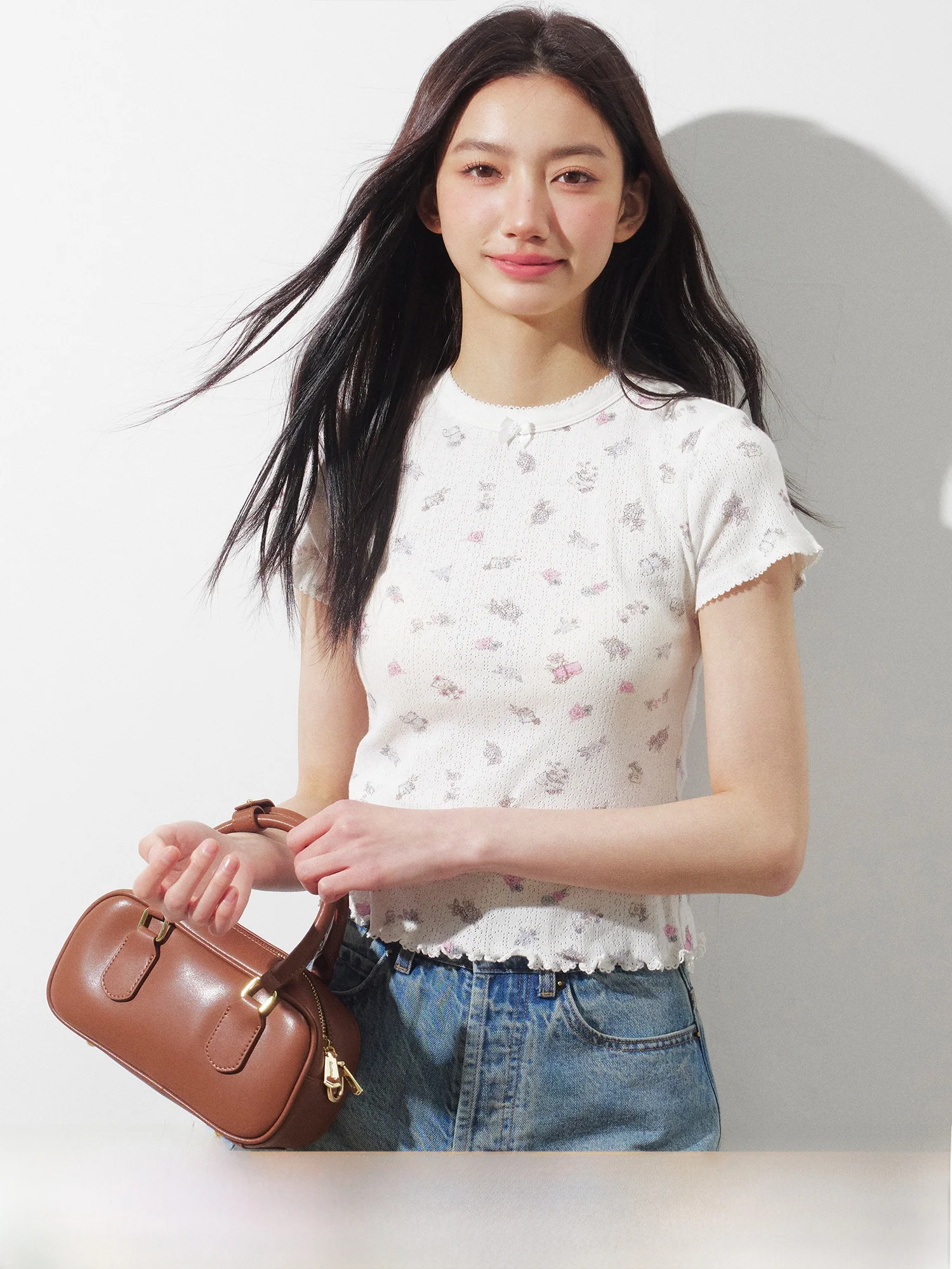 

Slim Fit Floral Print ort Sve T-irt Women's Korean Sle Base Layer irt RPB Brand Casual Print Cotton Summer Top