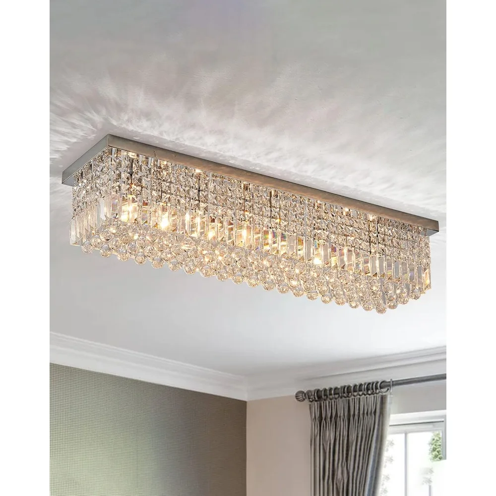 7PM Rectangular Chandelier, Modern Dining Room Light Fixture with Luxury K9 Raindrop Chandelier Crystals, 6 Lights Flush Mount