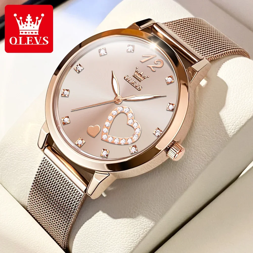 OLEVS Luxury Quartz Watch for Women Heart Dial Luminous Waterproof Fashion Milanese Steel Strap Diamond Face Women's Wristwatch