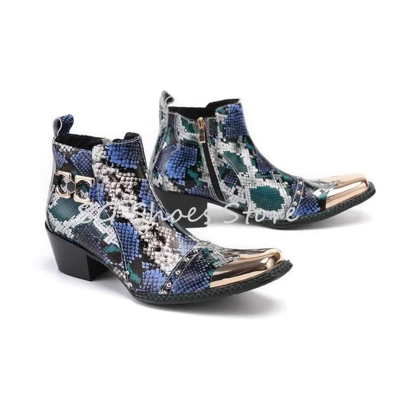 الذكور الأحذية الجلدية فستان الحفلات أحذية مختلط اللون جلد الثعبان نمط تشيلسي الأحذية للرجال المعادن أشار تو حذاء بكعب مكتنز