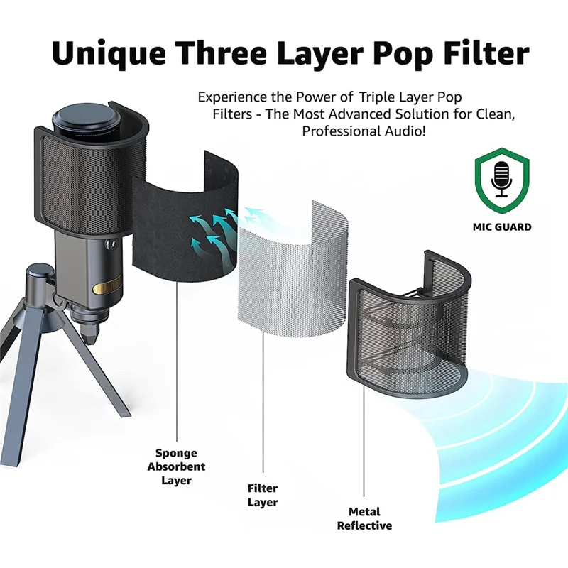 Filtro de micrófono, pantalla de micrófono con malla metálica y filtro de espuma, protectores de ruido, accesorios para micrófono