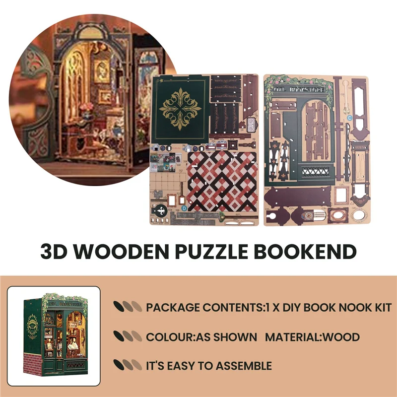 JY-DIY Book Nook Owl Bookstore Kit, 3D Wooden Puzzle Bookend For Bookshelf Decor, With Light Model Kits For Adults