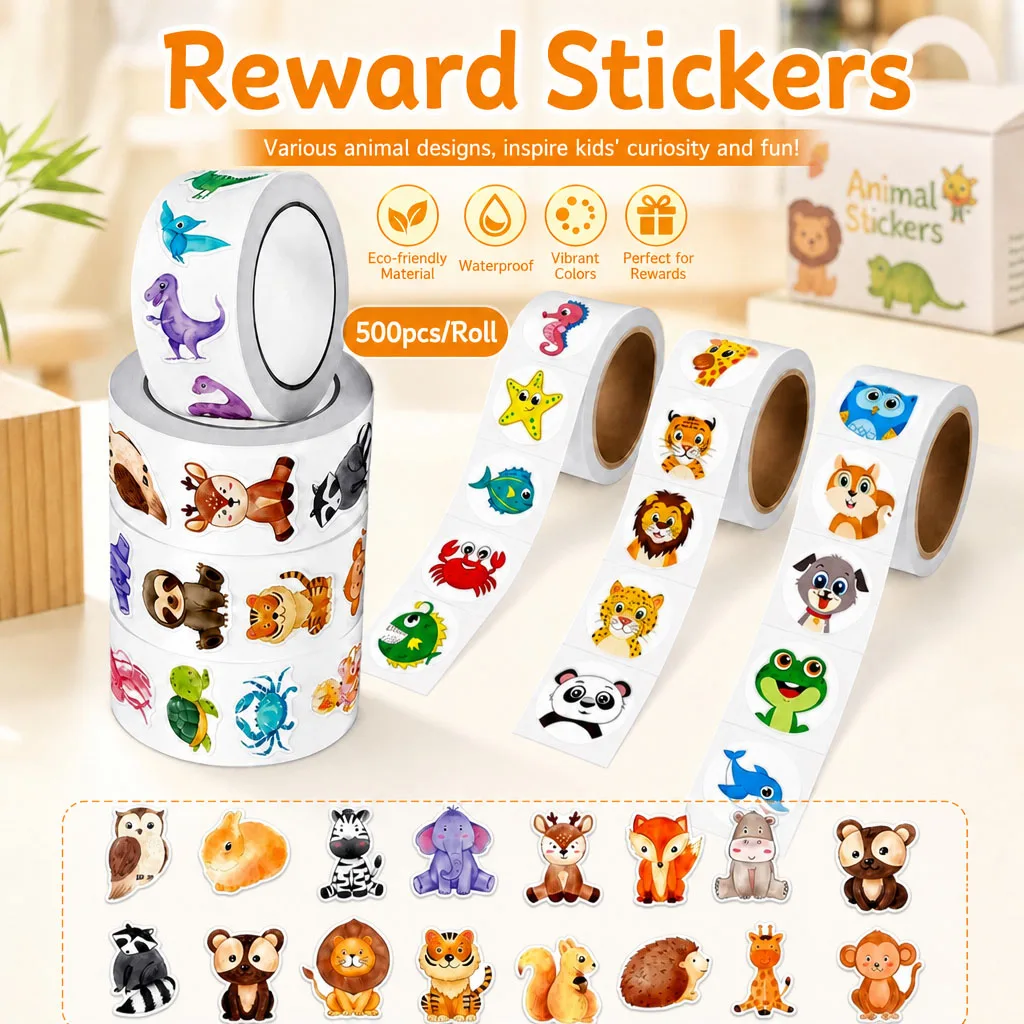 Cute Animal Sticker Rolls Kids Bulk Reward Stickers Zoo Ocean Dinosaur Teacher Classroom Supplies Party Favors Gifts 2.5cm
