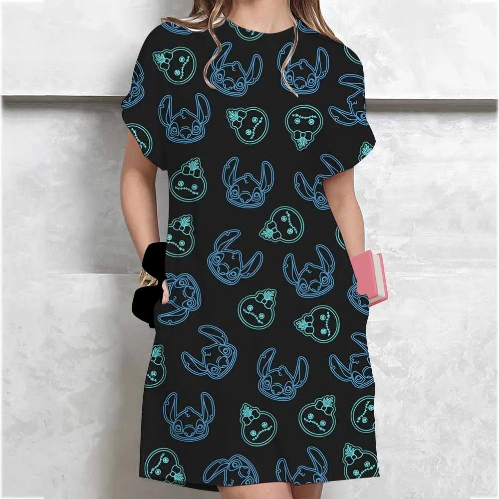 Women's summer casual loose Disney Stitch cartoon print round neck short sleeved T-shirt dress