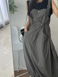 Retro Summer Workwear Vest Strapless Dress Women Drawstring Design Square Collar Slimming Effect Casual Comfortable Dress
