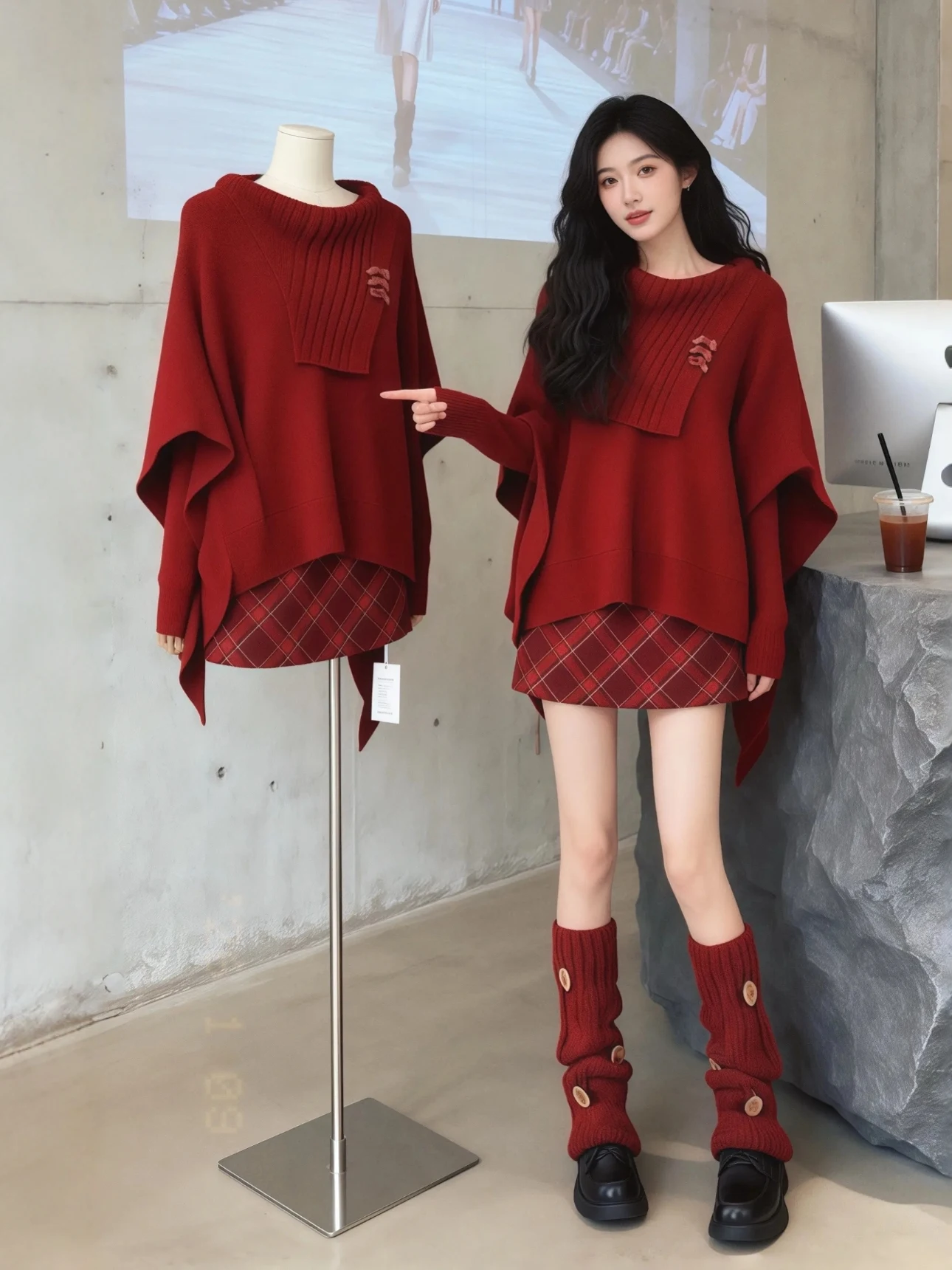 

Red Cable Knit Sweater And Plaid Skirt Set plus Size Women's Spring Faion Casual Sle High Waist Warm Polyester