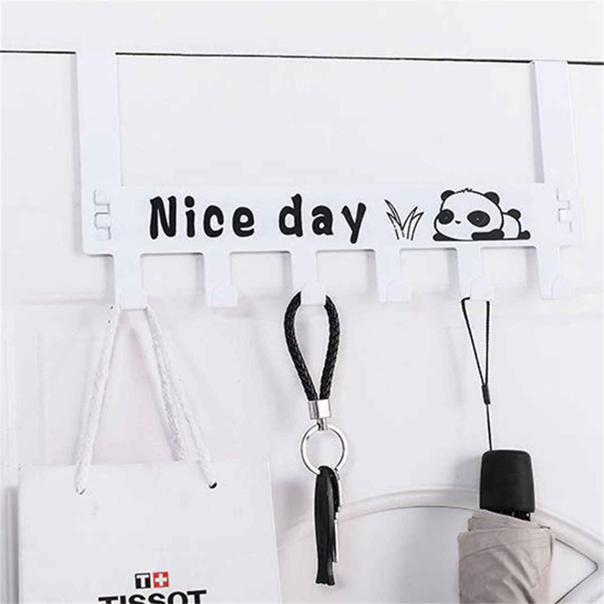 Thickness 1mm Door Back 6-Link Hook Door Hanging Rack Nail-Free Clothes Bags Umbrella Key Multi-Functional Panda Image Hook 1Pc