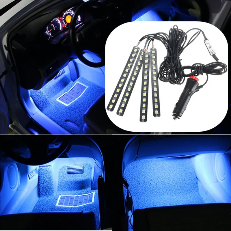 Car Interior Led Light Bar 4 in 1 Backlight Ambient Mood Foot Light Cigarette Lighter Decorative Atmosphere Lamp Blue Ice Blue