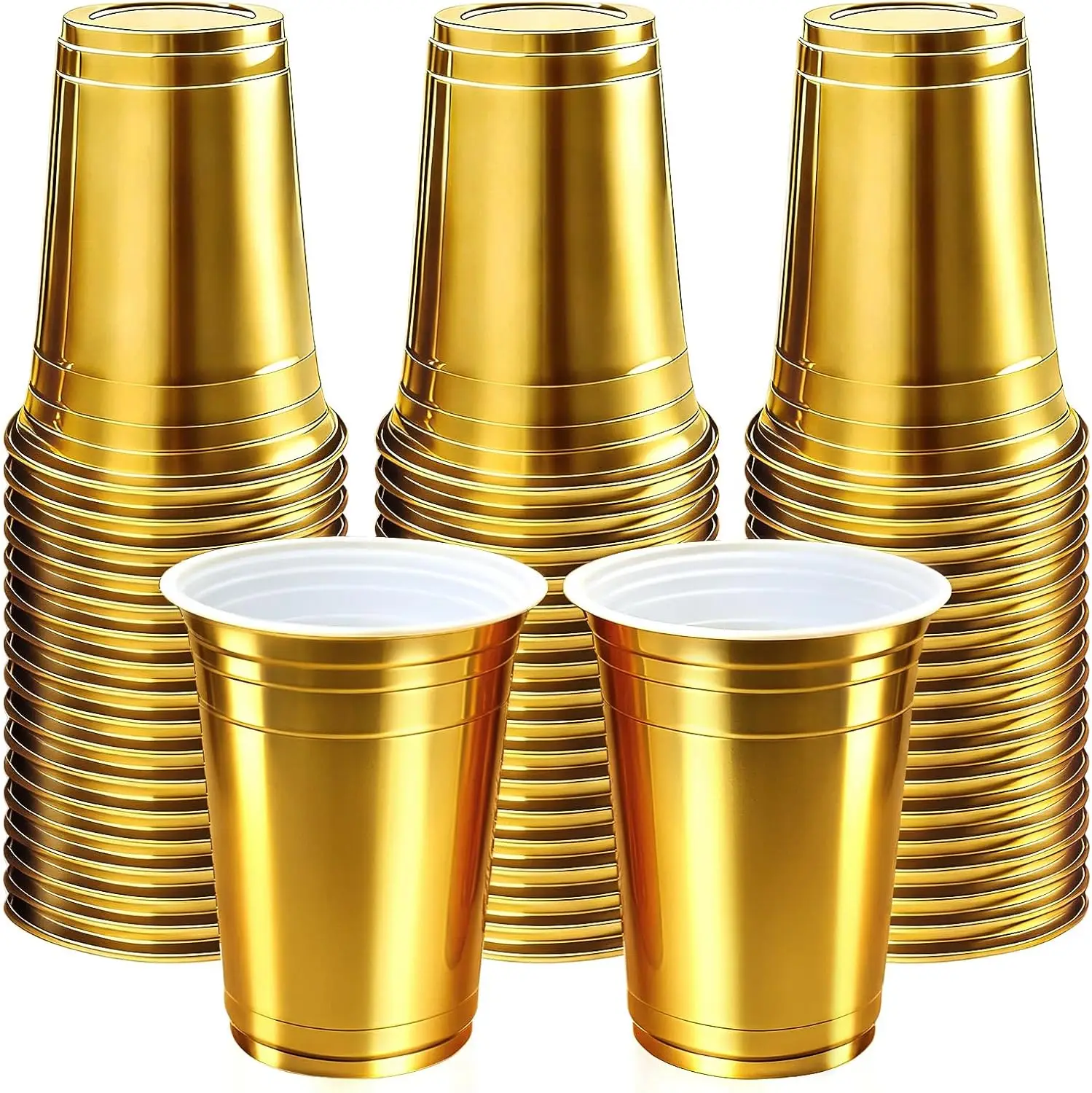 

16 oz - 100 Count Metallic Plastic Cups, Disposable Plastic Party Cups for Easy Cleanup and Large Gatherings, Gold Metal