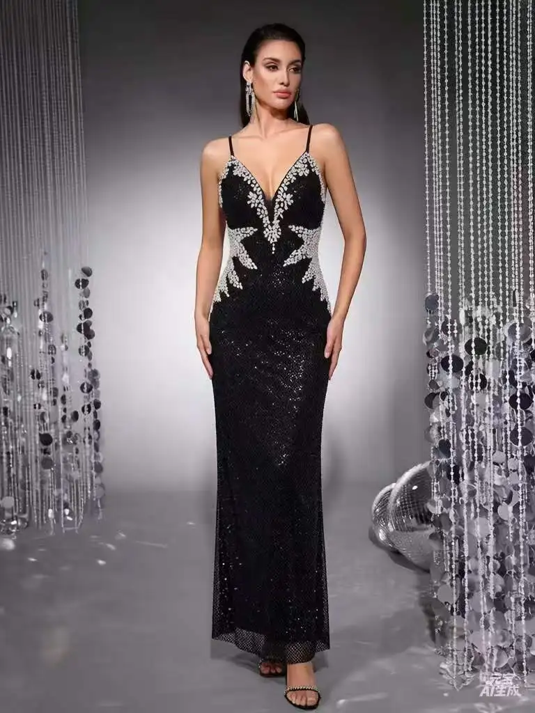 

Sexy V Neck Sequin Maxi Dress Women Sparkly Rhinestone Crystal Sleeveless Backless Fishtail Party Dress Prom Formal Dress