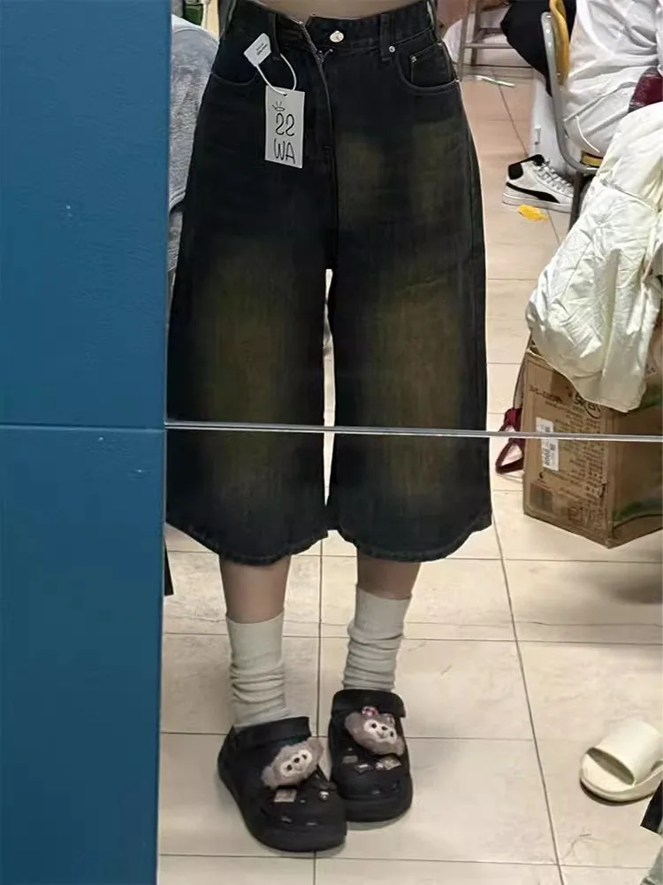 

Джинсы из джинсовой ткани с высокой талией и широкими штанинами на семь футов, женские винтажные повседневные свободные летние джинсы для девочек, брюки