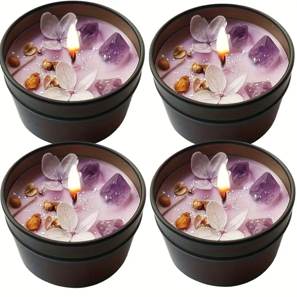 4Pcs Lavender Soy Wax Candles Purple Aesthetic Crystal Petals Decor