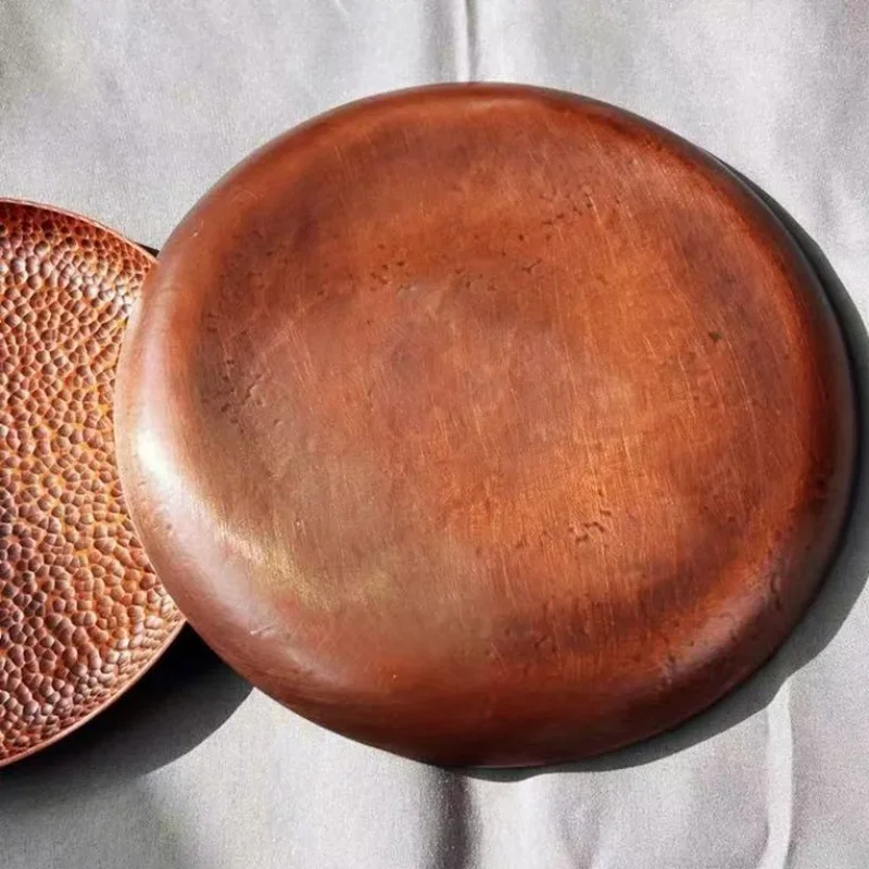Round Shape Red Copper Cheese Tray,Retro Engraving Hammer Texture Home Portable Food Plate,Snack Fruit Disc Table Decorationk 4