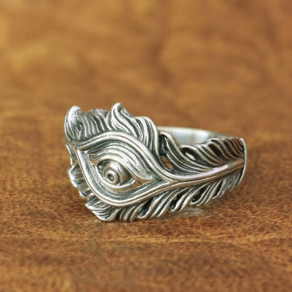 

LINSION 925 Sterling Silver Phoenix Feather Eye of Angel Ring Charms Ring TA161 US Size 7~15