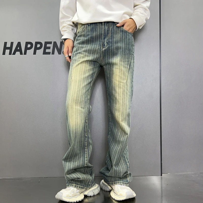 

New American style trendy retro loose straight leg nostalgic blue washed casual striped jeans for men baggy jeans