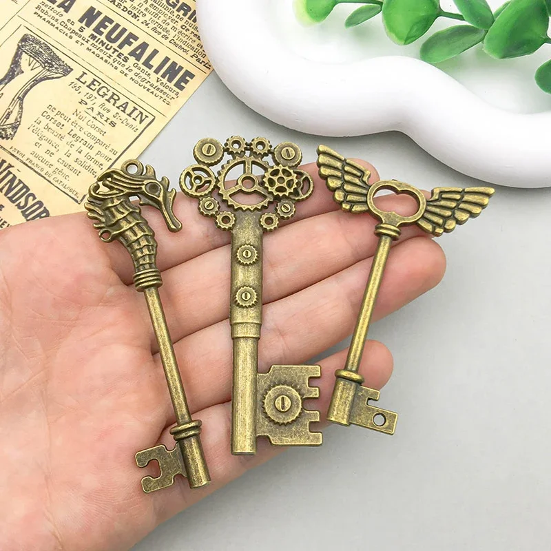 2Pcs Antique Cyan Keys Vintage Charm Pendant Set DIY Handicraft Accessories Metal Bracelets Jewelry Made For Home Decoration