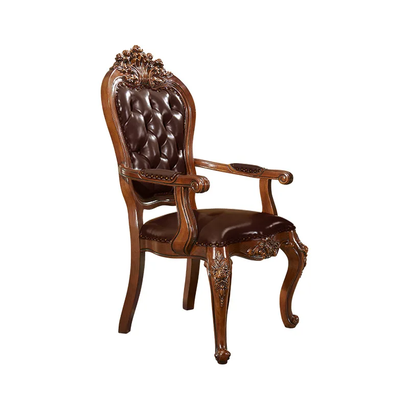 

American solid wood soft bag leather dining chair armrest carved chair light luxury office backrest living room dining room home