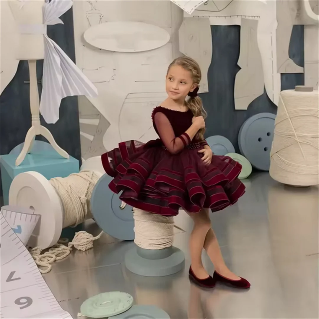 

Бордовое платье с цветочным узором для девочек, элегантное платье с оборками и рукавами 3/4, тюлевое платье с бантом на свадьбу, день рождения, детское праздничное платье для первого причастия