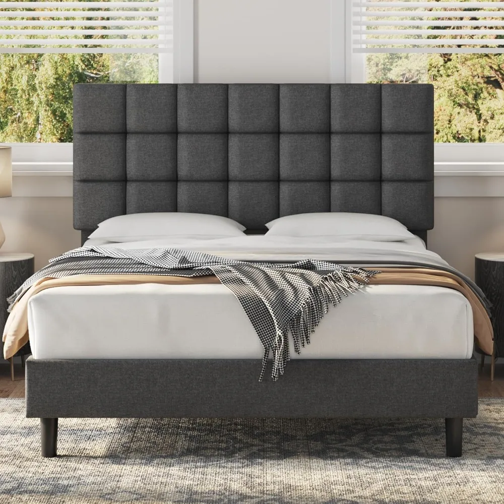 Bed Frame with Square Tufted Fabric Headboard Height Adjustable, Wooden Slats Support, No Box Spring Needed, Dark Grey, Queen